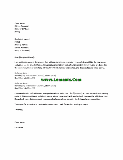 Letter Templates In Requesting Genealogy Records From Library